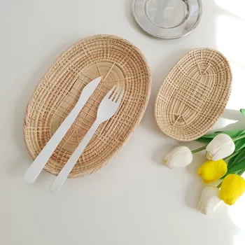 

Hot Sell Rattan Basket Bread Storage Tray Dinner Coffee Breakfast Serving Tray Baskets Supplies Hand-Woven Home Decoration Craft