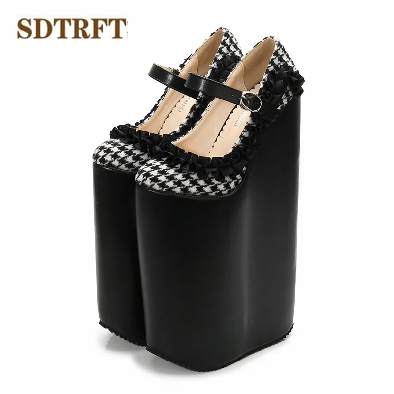 SDTRFT; sapato feminino; Туфли-лодочки на ультравысокой танкетке 30 см для студенток; женская обувь на платформе с круглым носком и пряжкой; обувь в стиле Лолиты для костюмированной вечеринки в стиле ретро