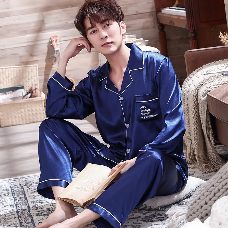 

2020 New Pajamas Men's Set Sleepwear Summer Satin Long Sleeve Suit 2PCS Wedding Silky Sleep Sets Male Lapel Home Clothing