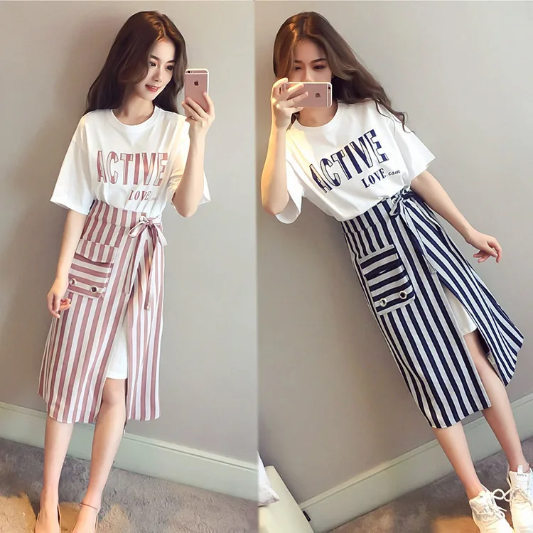 

2019 New Style Slimming Love Large Size Dress Summer Wear Western Style Chubby Sister Two-Piece Set by Age Skirt Fat Mm