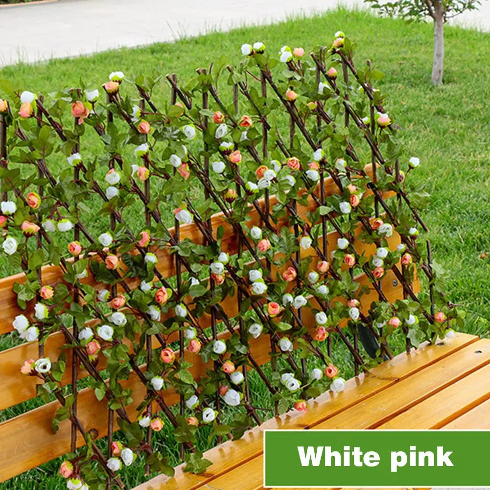 Expanding Trellis Fence Wooden Hedge With Artificial Flower Leaves UV