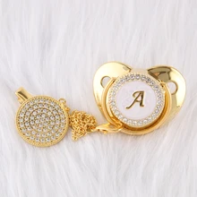 Bling Bling Luxury Golden 26 Initials Rhinestones Baby Pacifier With Clip Chupete Sucette Infant Dummy Nipples Baby Shower Gifts