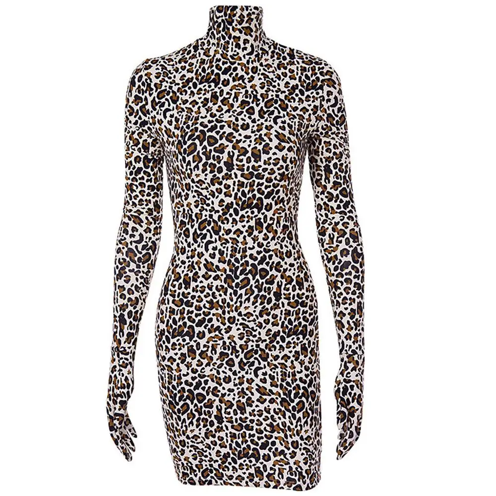 Женские сексуальные Клубные леопардовые перчатки с принтом, Осеннее и весеннее облегающее платье с длинным рукавом, вечерние мини-платья, vestidos femininos - Цвет: Brown