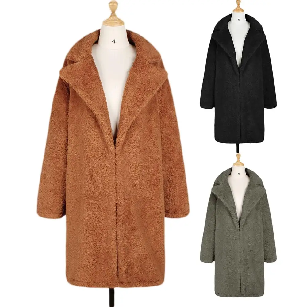 Женское пальто с длинным рукавом, теплое, с отворотом, модное, средней длины, одноцветное, для зимы, одноцветное, плюшевое, с отворотом, флисовая куртка