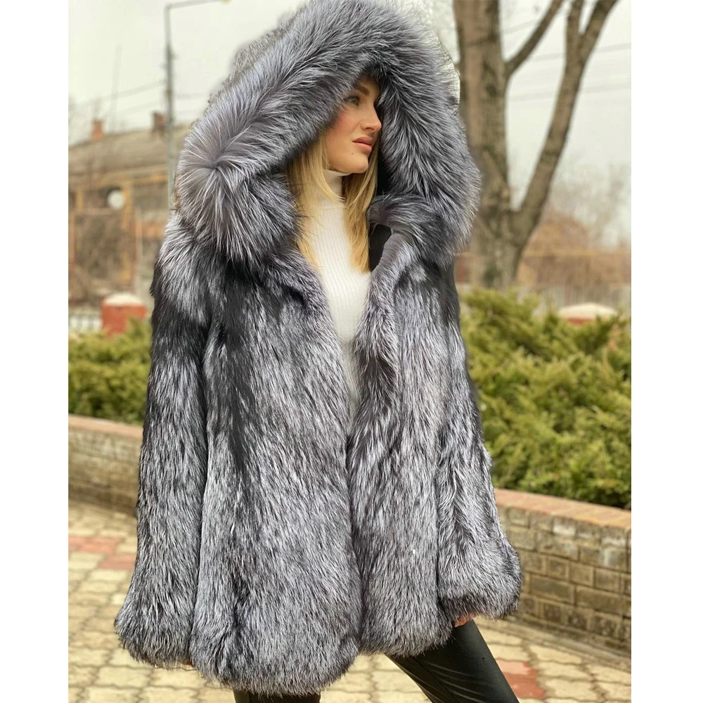 Mid-length Real Silver Fox Fur Jacket with Hood Women Winter Fashion Natural Silver Fox Fur Coat Female Thick Warm Fur Overcoats