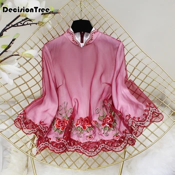 

2020 Chinese Dress chinese traditional blouse qipao top lace stain women blouse vintage cheongsam shirt flower embroidery