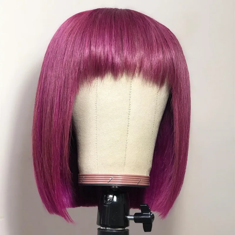 Виноградный фиолетовый короткий парик-Боб с челкой 613 Цветной человеческие волосы прямые 13x6 Синтетические волосы на кружеве парики для волос с Bang синтетические волосы Remy