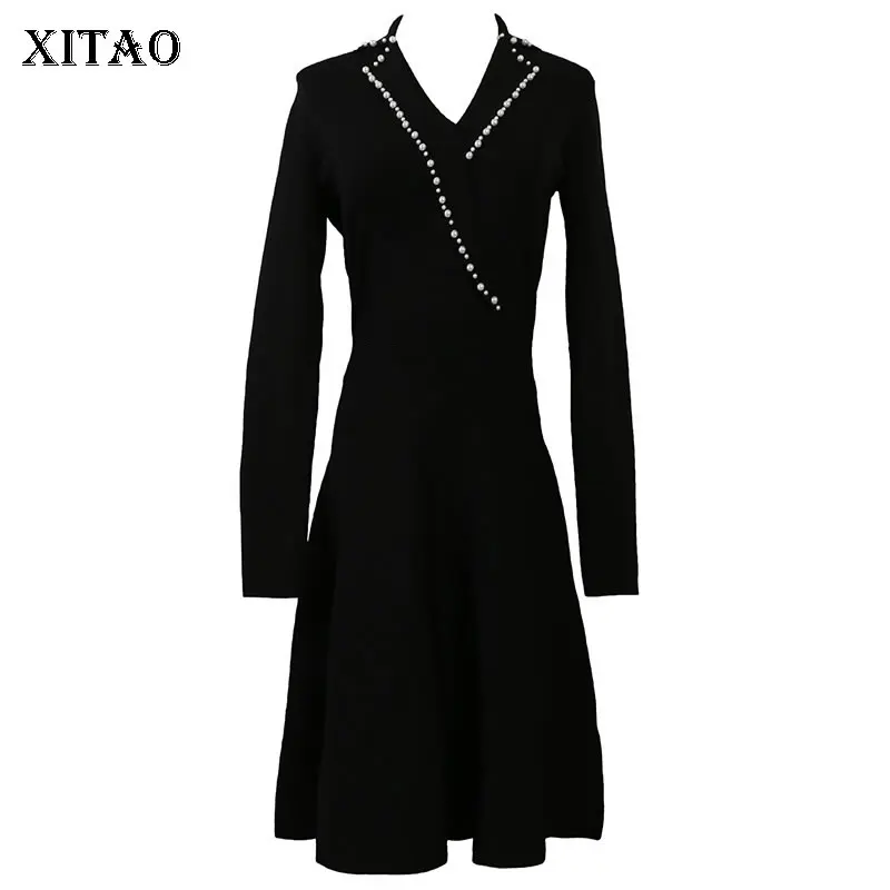 

XITAO Beading High Waist Mini Dress Women Korea Fashion New Slim Knitted Elegant Small Fresh Patchwork Casual Dress GCC2057