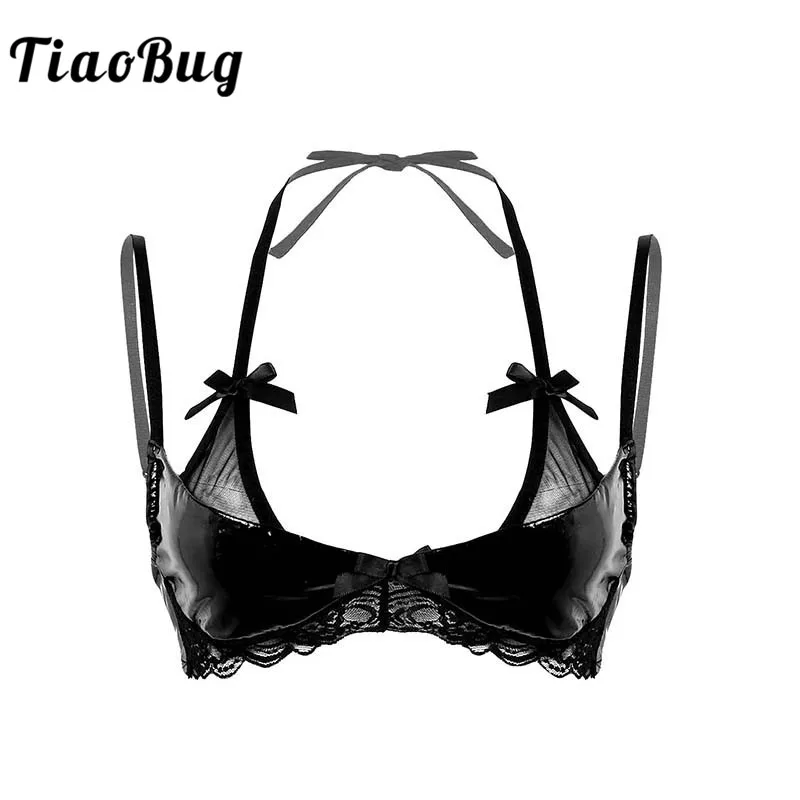

TiaoBug Black Wetlook Patent Leather Lingerie Bralette Halter Adjustable Spaghetti Straps Lace Wire-free Unlined Women Sexy Bra
