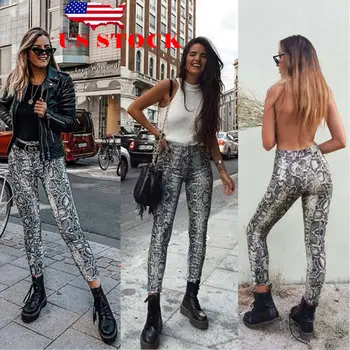 

Women Python Snake Print High Waist Pencil Pants Female Casual Soft Stretchy Leggings Pants Trousers