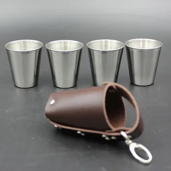 

30ML Mini Stainless Steel Shot Glass Cup Wine Drinking Glasses 4Pcs/set Polished Leather Cover Bag For Home Kitchen Bar#1
