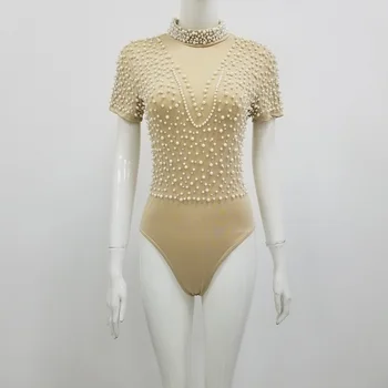 

Women Fashion Beaded High Collar Bodysuits Beige Short Sleeve Sexy Bodycon Club Party Summer Bodysuit 2020