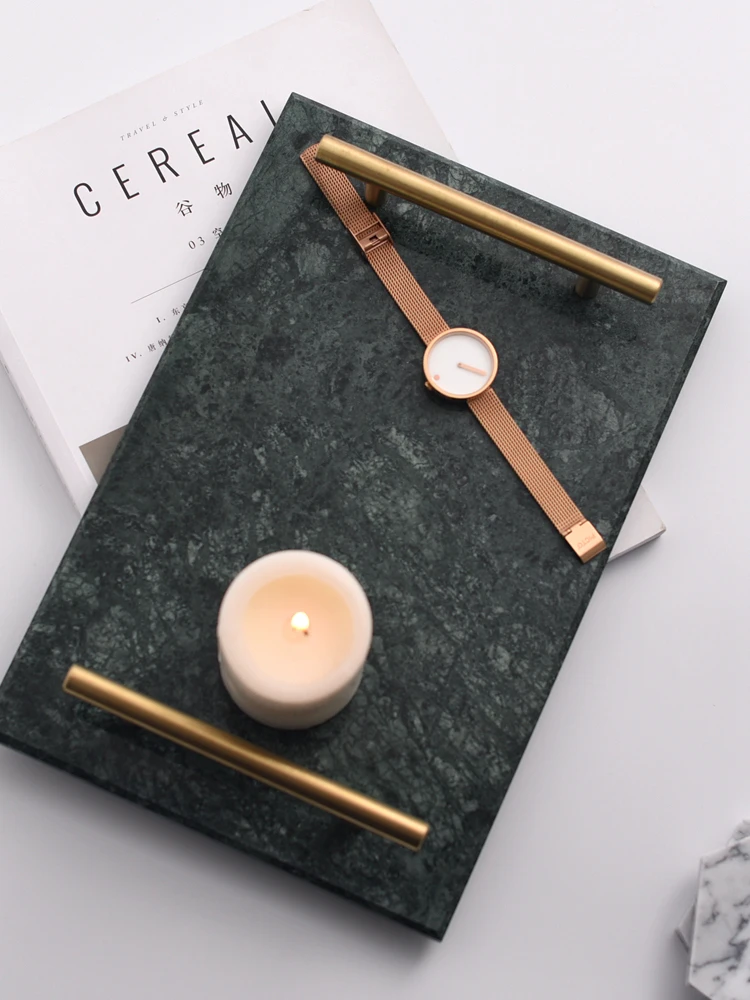 Nordic Home Decor Light Luxurious Natural Marble Jewelry Storage Tray With Gold Handle Trinket Ring Plate Wedding Gift 3