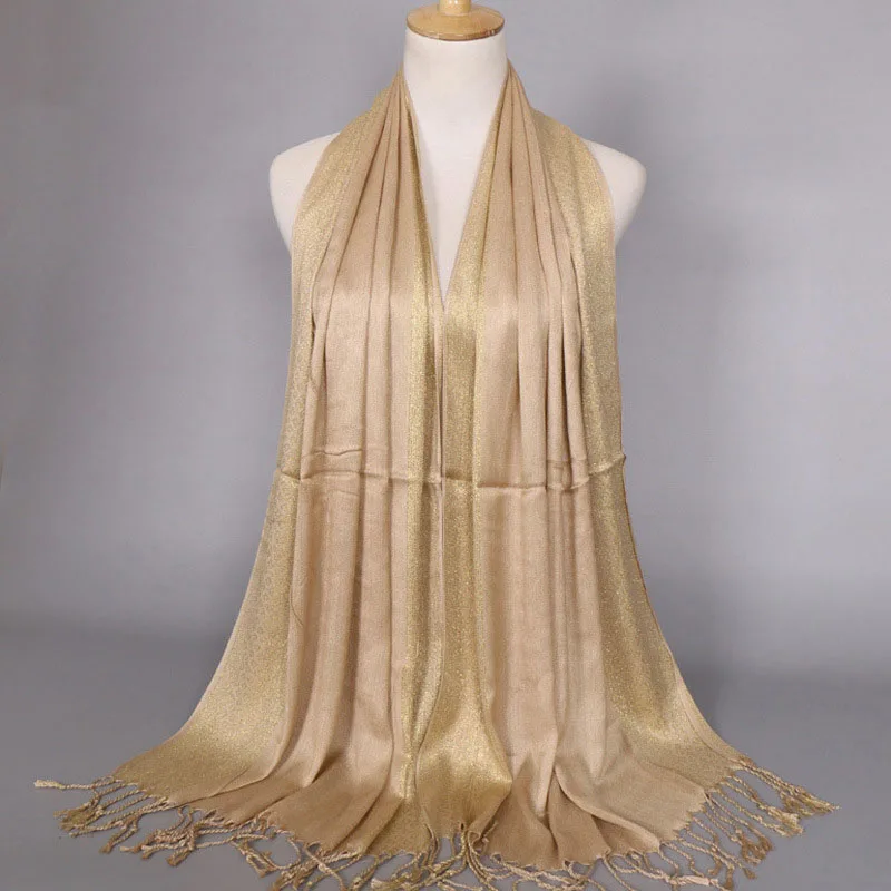 light brown Cotton Lady Scarf Islamic Hot Sale Golden Thread Headband 16 Colors Scarves Women Soft Shawl Tassel Wrap - Цвет: light brown