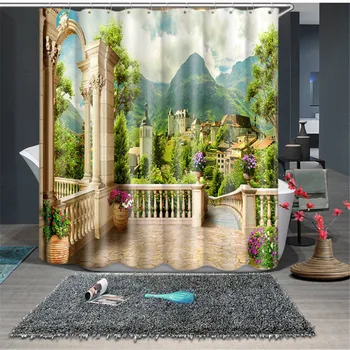 

Sea Beach Shower Curtains 3D Landscape Bath Screen Romantic Roman Arch Waterproof Bathroom Curtain with Hooks Bath Decor Curtain