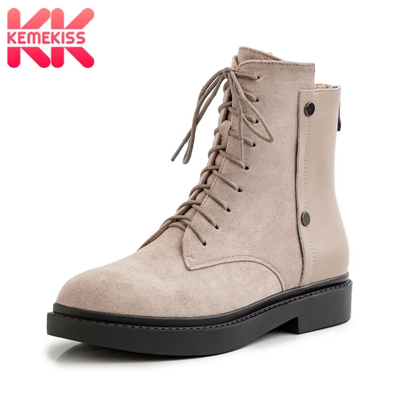 

KemeKiss Real Leather Ankle Boots For Women Patchwork Fashion Lacing Shoes Women Platform Thick Heel Casual Footwear Size 34-39