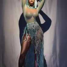 Сексуальная одежда с длинным рукавом Боди Зеленые пайетки сетчатый, с перьями с длинным шлейфом для девочек наряд Для женщин танцор бар выпускного вечера Комплект боди для детей, р-р