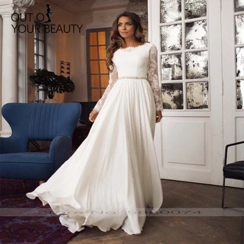 

2020 New Elegant Evening Dress O-neck White Long Sleeve Big V Backless High Waist Belt Long Dress