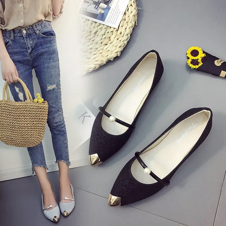 

Shoes Women's 2019 Autumn New Style Korean-style Pointed-Toe Flat Top Shoes Beaded Bracelet Low-Cut Moccosins Women Shoes