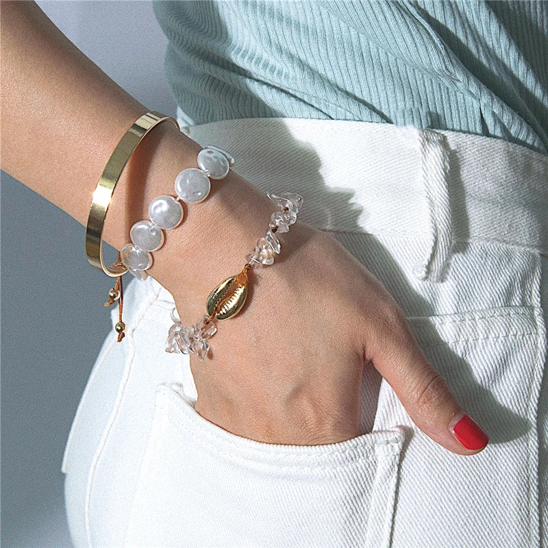 

3pcs/lot Pearl Shell Gold Bracelet Set For Women Multi-layer Simple Trendy Bangles Alloy Rope Jewelry Geometric Handmade Newest