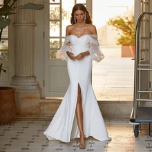 

RANMO Modern Wedding Dress Off the Shoulder Backless Sexy Mermaid Bride Dress 2022 Illusion Puff Sleeves Sweep Wedding Gown