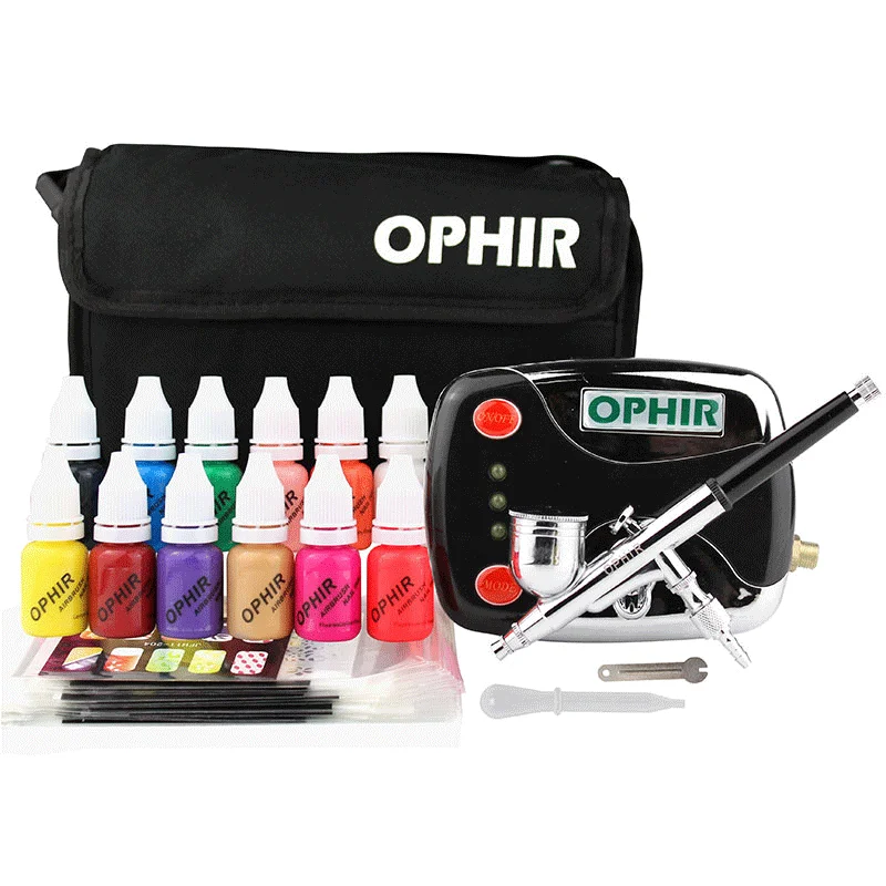 OPHIR 12x Nail Inks 0.3mm Airbrush Kit with Air Compressor 20 Nail Stencils Makeup Bag Cleaning Brush Nail Art Tools_OP-NA001 90 90mm bga reballing kit station 10pcs lot 90mm universal 0 3 0 76mm stencils template holder fixture jig with handle