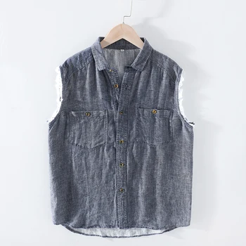 

Pure Linen Sleeveless Casual Shirts Men's Black Fashion Retro Make Old Burr Tops Turn-down Collar Double Pocket ClothingY2550