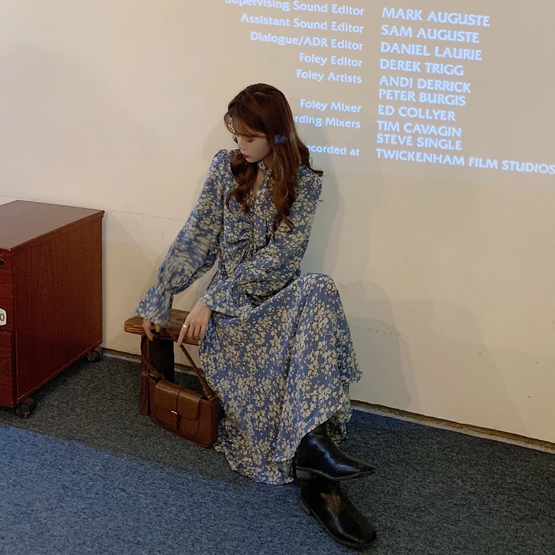 2020 New Autumn Female Chiffon Long Dress Women Long Sleeve Holiday Boho Beach Dress Vintage Floral Print Party Vestidos Robe