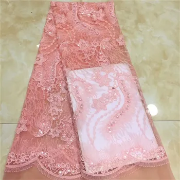 

2019 Latest Nigerian Laces Fabrics High Quality African Laces beads sequins Fabric For Wedding Dress French Tulle Lace Material