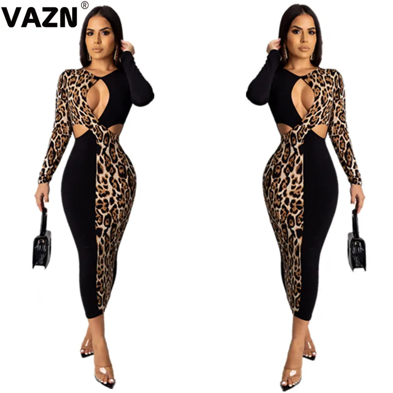VAZN PY8456 взрослый возраст выдалбливают Леопардовый принт, сексуальный клуб Открытый Мода полный рукав тонкий высокая талия женщин миди платье