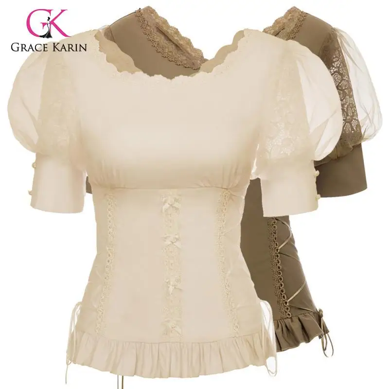 Grace Karin Fashion Women's Comfy Corset-Style Tops 1/2 Sleeve Lace Stitching V-Back Retro Vintage Gothic Victorian Shirt | Женская