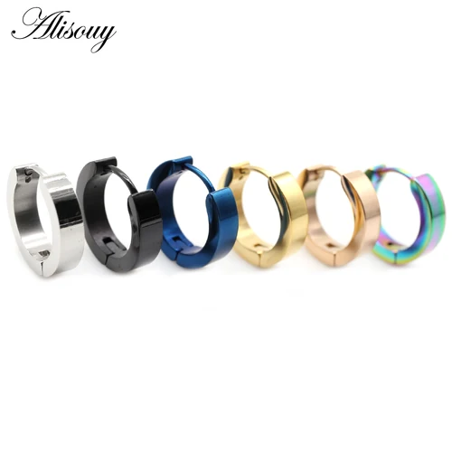 Alisouy 2pc 펑크 여성 남성 작은 허기 귀걸이 골드 컬러 블랙 블루 스테인레스 스틸 라운드 부드러운 원형 후프 귀걸이 쥬얼리 2