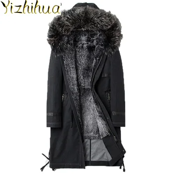 Billige Azazel Echtpelz Männer Winter Jacke Parka Kaninchen Pelz Liner Denim Lange Mantel Fuchs Pelz Kragen Plus Größe Veste Homme Hiver 85888KJ2554