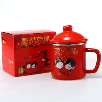 

650ml red enamel mug enamel stainless steel edging red with lid cup festive enamel cup wedding special gift mug free shipping