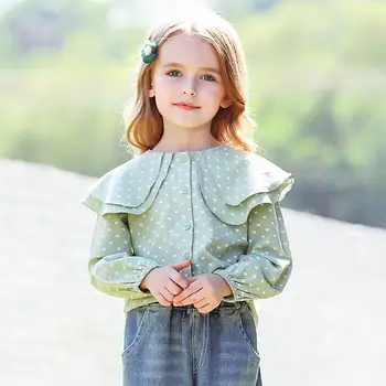 

Polka-dot printed long-sleeved girls shirt spring new children's clothing lapel long sleeve cotton kids clothes