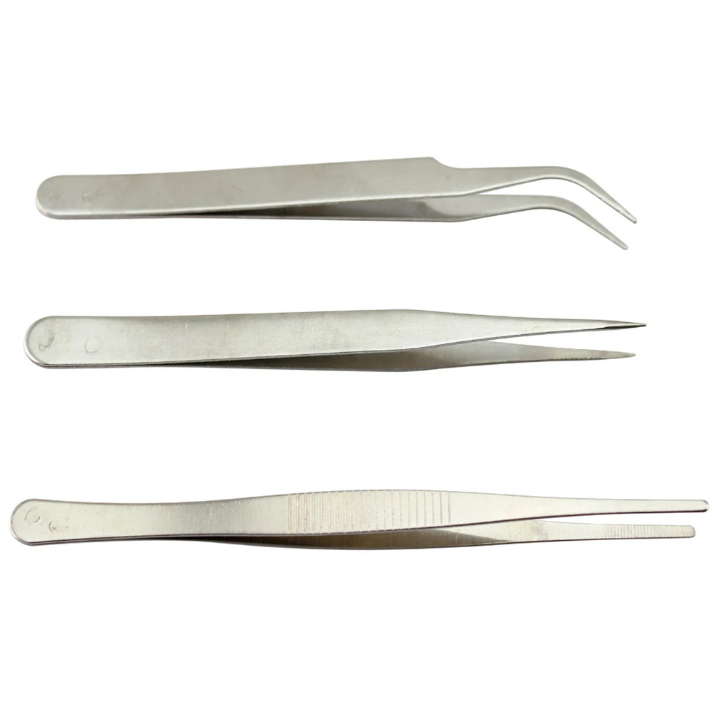 Kit 3 Professional Security Antistatic Tweezers High Quality Silver