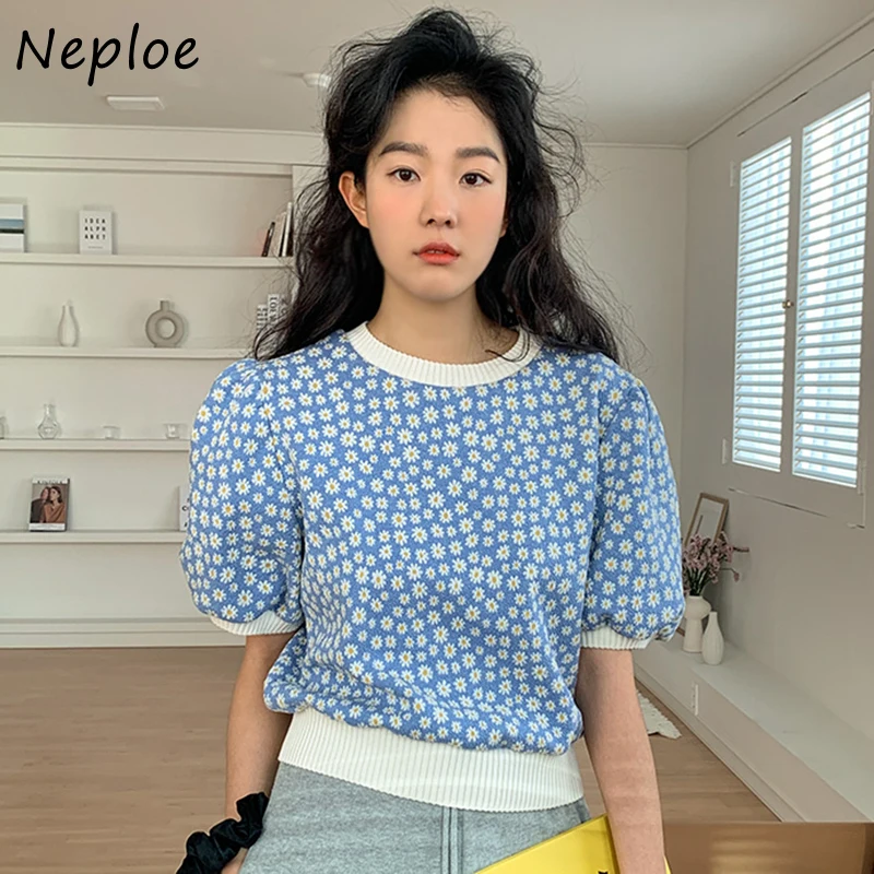 Neploe-Jersey de manga corta con cuello redondo para mujer, Jersey de punto con farol, estampado Vintage, holgado, para primavera y verano, nuevas prendas de vestir, 2021