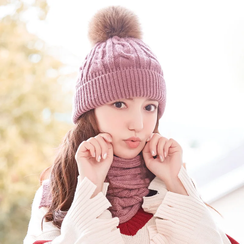 Шапка шарф комплект из двух предметов женская зимняя Толстая теплая вязаная шапка шарик из меха енота мех кролика и овечья шерсть в Корейском стиле