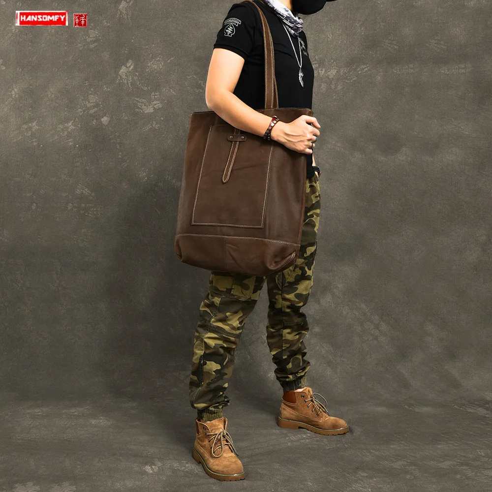 

Oversized vintage men's leather tote bag vertical section tide large capacity male shoulder portable bag travel TOTE bags
