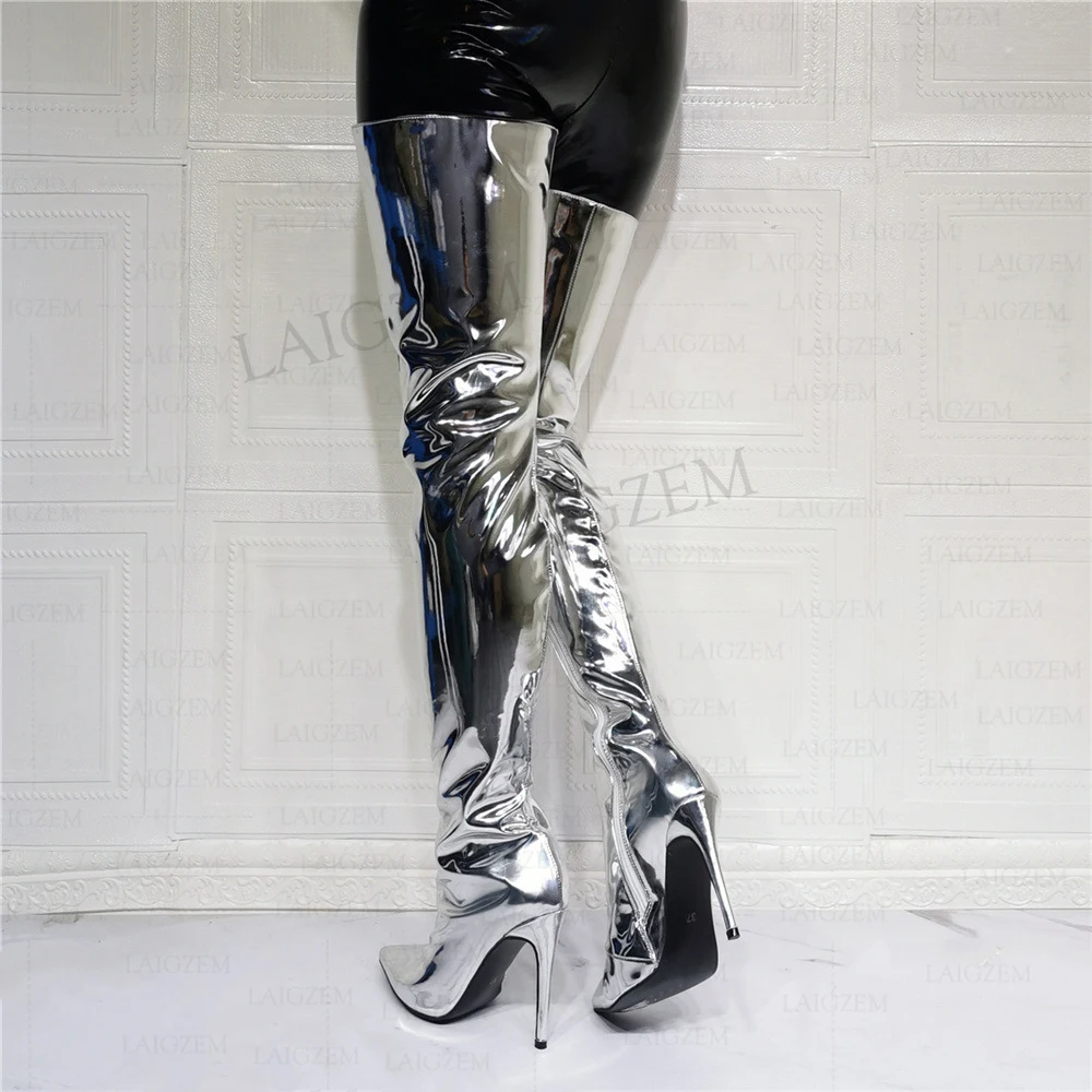 SEIIHEM-Botas altas de coxa para mulheres, botas acima do joelho, zíper lateral, saltos altos brilhantes, sapatos de cosplay de festa, tamanho grande, 39, 43, 45, 47