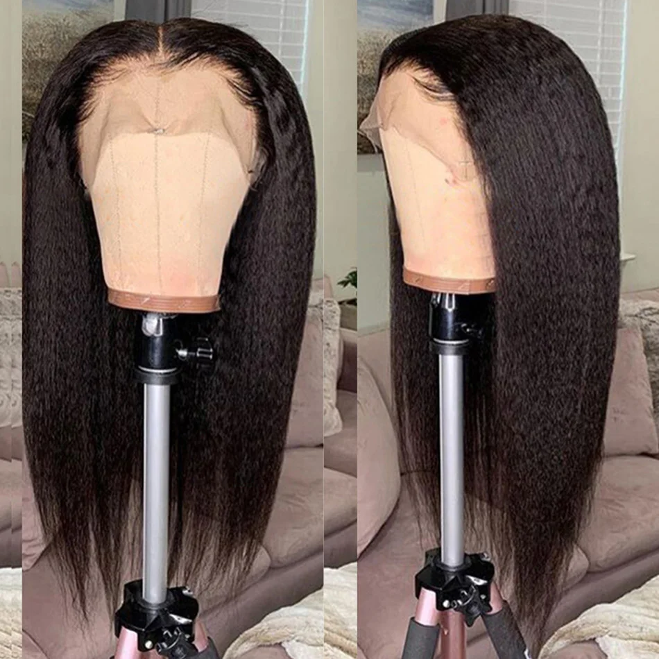 Alibele Yaki Kinky Straight Lace Front Human Hair Wig Corse Yaki Straight 13x4 Pre Plucked Human Hair Wig 14-30 Lace Frontal