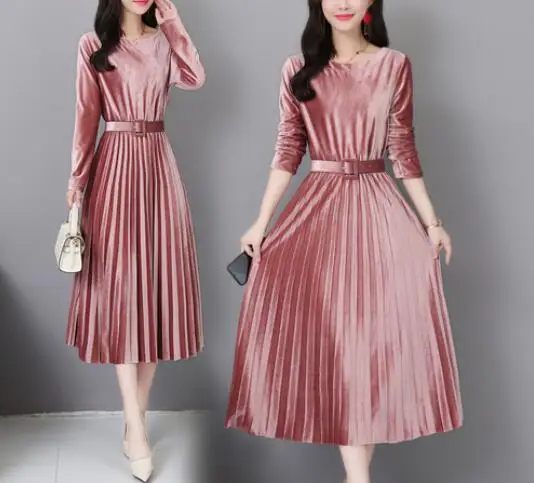 Fengguilai Autumn Winter Vintage Midi Dresses Korean Women Bodycon Velvet Dress Party O-Neck Pleated Ladies Dress With Belt Fengguilai Autumn Winter Vintage Midi Dresses Korean Women Bodycon Velvet Dress Party O-Neck Pleated Ladies Dress With Belt