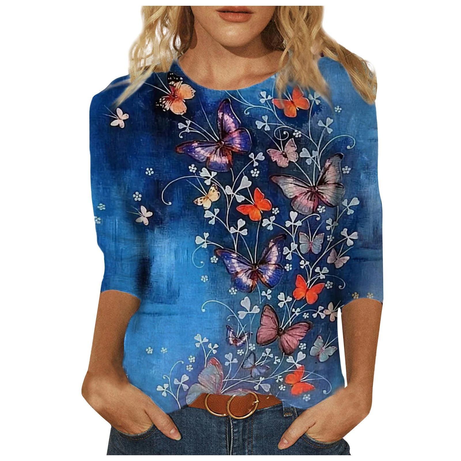 Fashion Ladies Butterfly Print T shirt, Large Size Long Round Neck Comfortable Casual Ladies Top#g30|Camisetas| - AliExpress