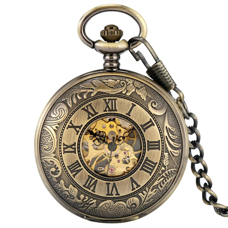 Bronze Skeleton Pocket WatchDouble Open Hunter Roman Numbers Men Women Hand Winding Mechanical Clock FOB Pendant Chain Gift