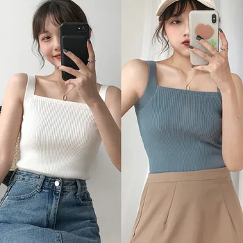 

Women's Sexy Square Collar Solid Color Sleeveless Vest Summer Sweet Ladies Knitted Bottoming Tank Top
