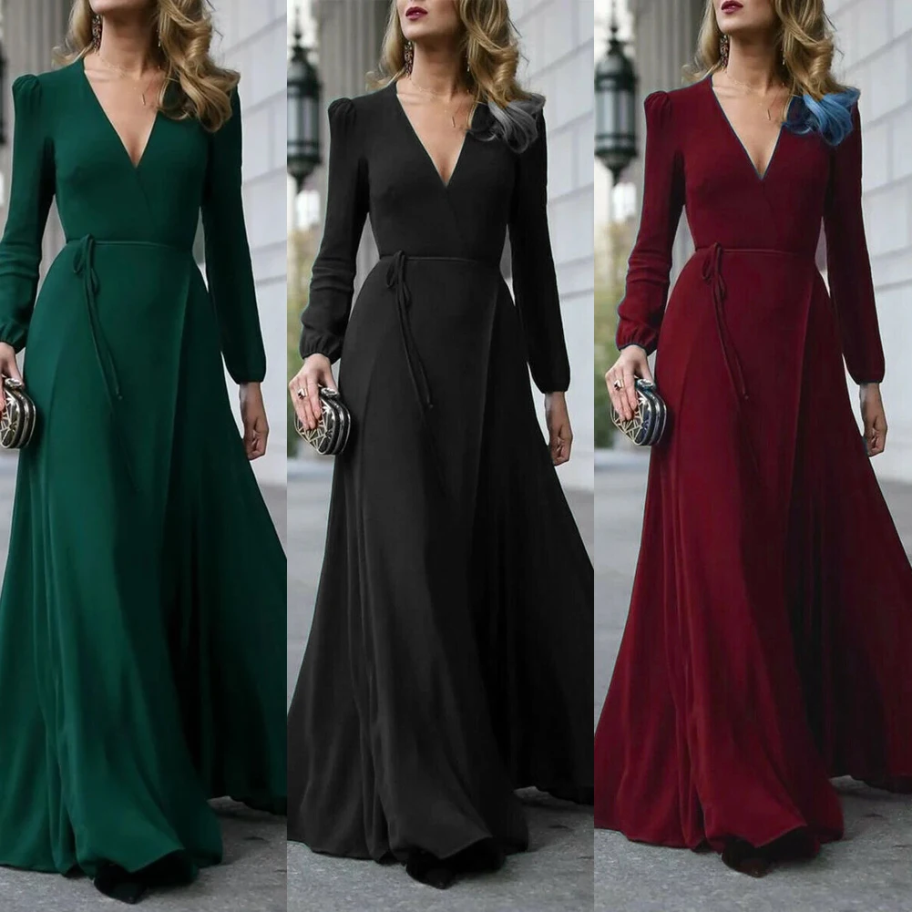 Women Sexy Formal Maxi Dress V Neck Long Sleeve Solid color Bandage Office Ladies Evening Party Prom Gown blazer dress