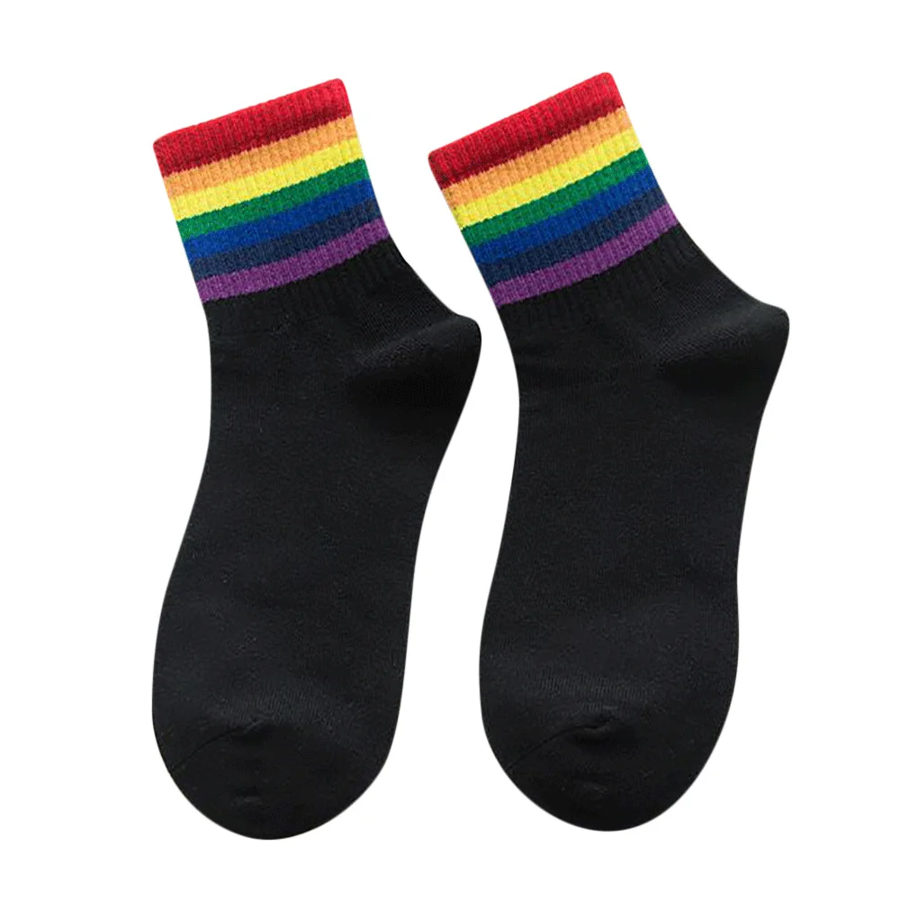Женские носки на осень и зиму, радужные полосатые носки без пятки, корейские Японские Женские носки, уличная одежда, хлопковые короткие носки, черные, белые - Цвет: black rainbow stripe
