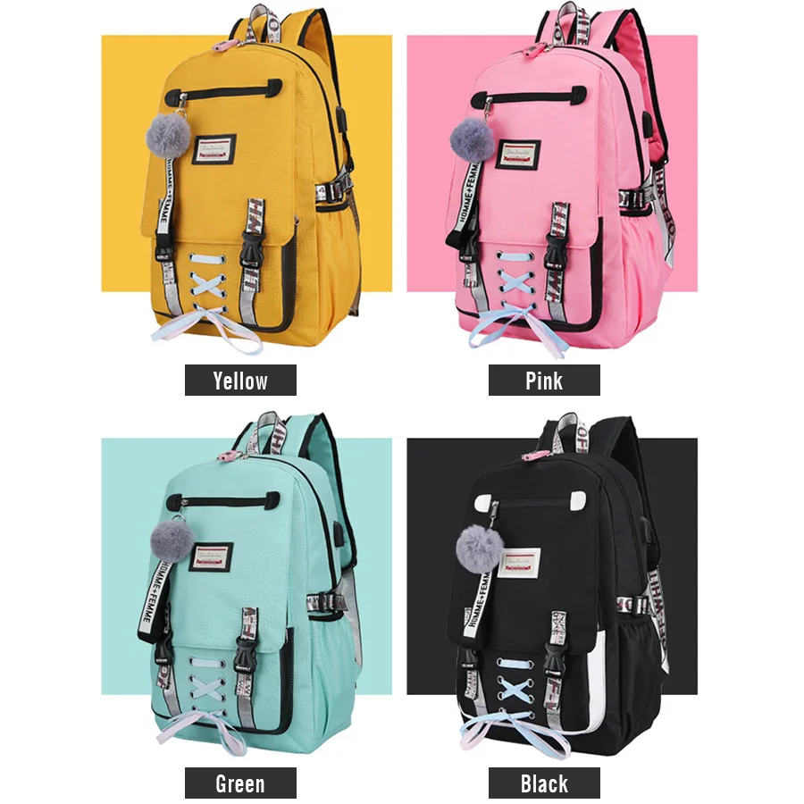 Подростковые школьные сумки для девочек с лентами, женский рюкзак с большой емкостью, рюкзаки для путешествий с usb зарядкой, детские рюкзаки с буквами, Mochilas