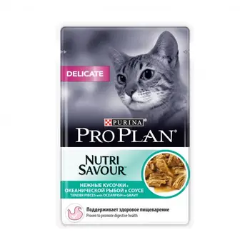 

Влажный корм Purina Pro Plan Delicate для кошек с чувствительным пищеварением, океаническая рыба в соусе, пауч, 85 г