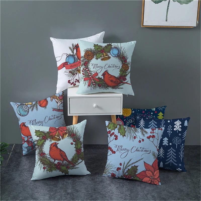 

Fuwatacchi Merry Christmas Cushion Covers Red Bird Colorful Tree Pillow Cover for Home Sofa Decorative Throw Pillowcases 45*45cm